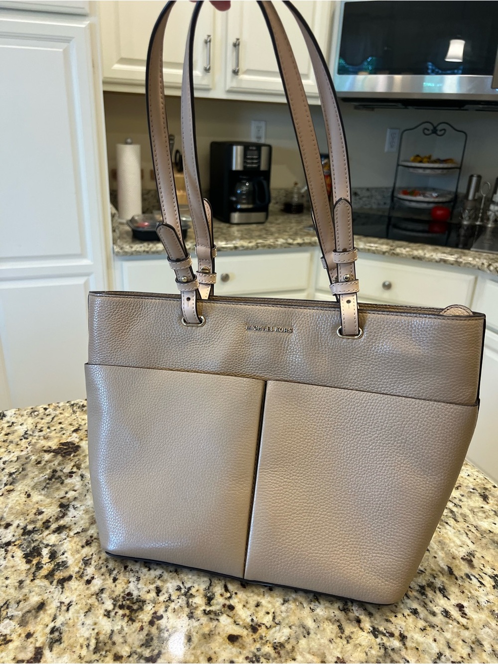 Michael Kors Beige Taupe Leather Tote with Dual Pockets